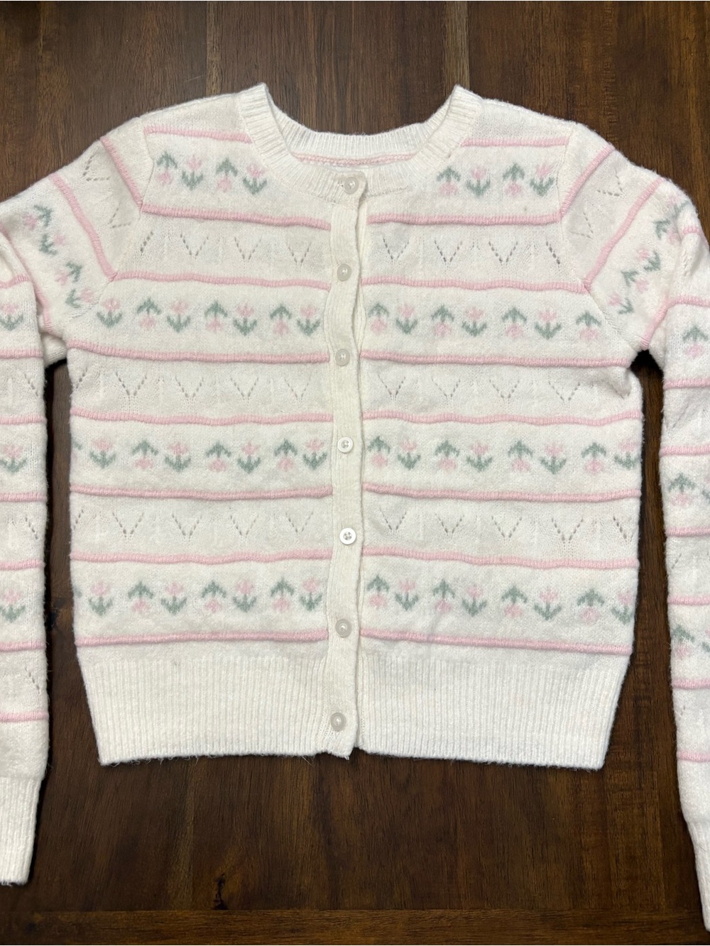 Hollister White Button-Front Cardigan with Pink and Sage Stripes